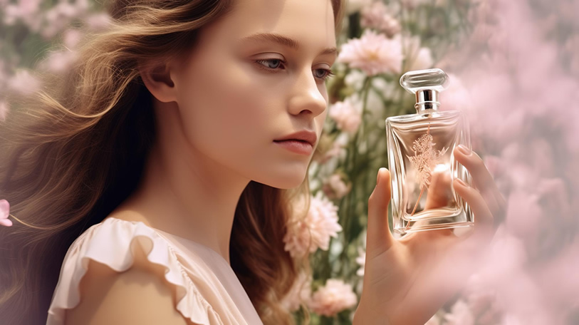 woman holds perfume bottle