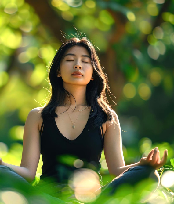 zen mood woman meditates in the garden