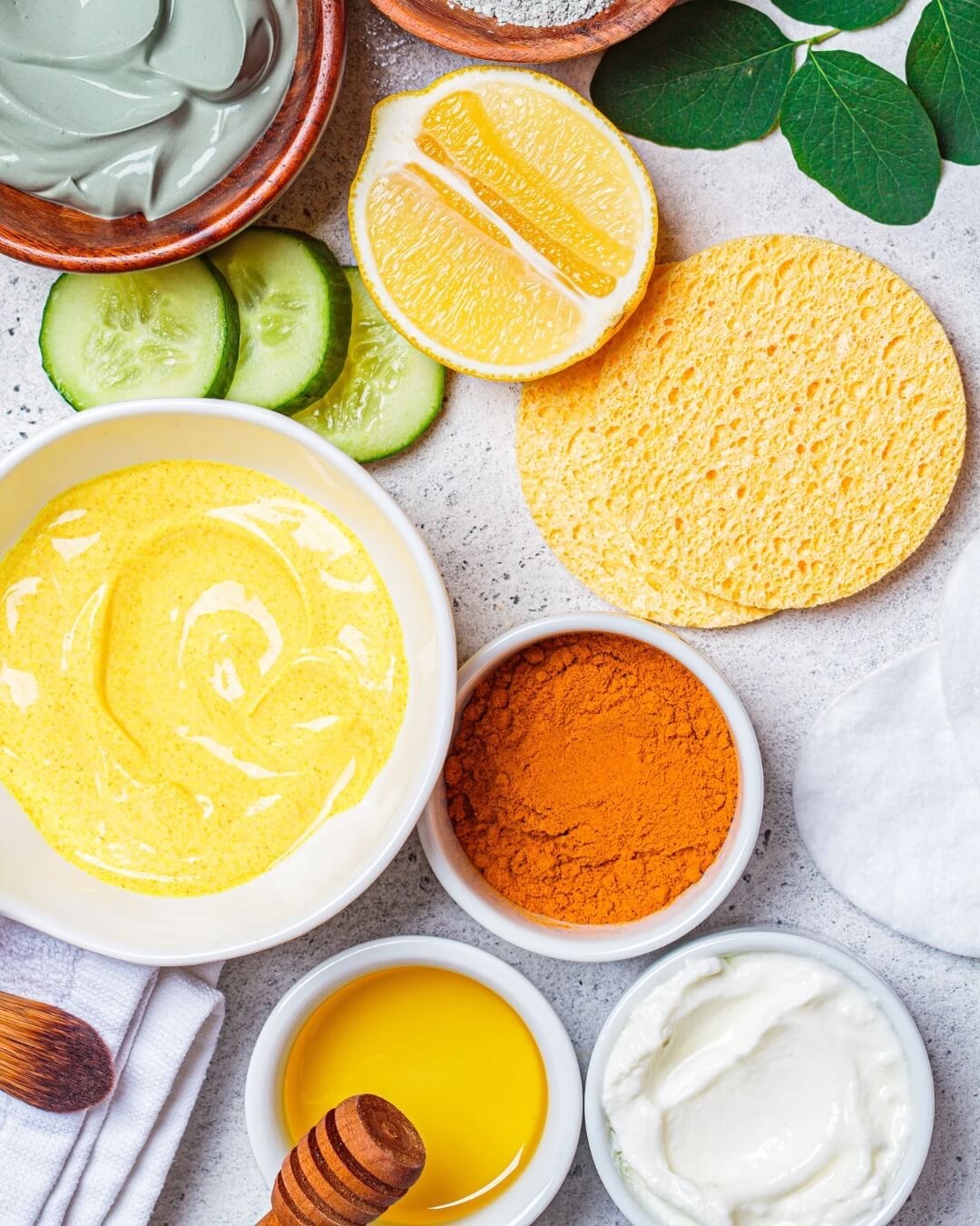 Ingredients for diy face mask displayed in beautiful bowls
